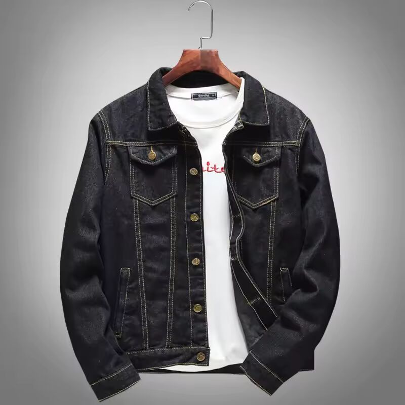 Spring Autumn New Fashion Men's Casual Trendy Black Solid Color Jeans Jacket Slim Long Sleeve Denim Coat Male Men's Streetwear