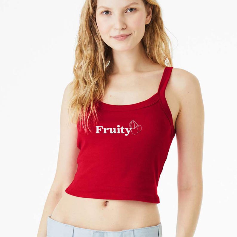 Cherry Fruity Embroidered Micro Rib Spaghetti Strap Tank, Y2K Tank Top, Unhinged TShirt