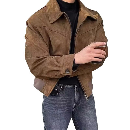 2024 Elegant Solid Brown Coat Men Spring Autumn High-End Loose Lapel New Zipper Short Jacket Vintage Streetwear Bomber Jacket